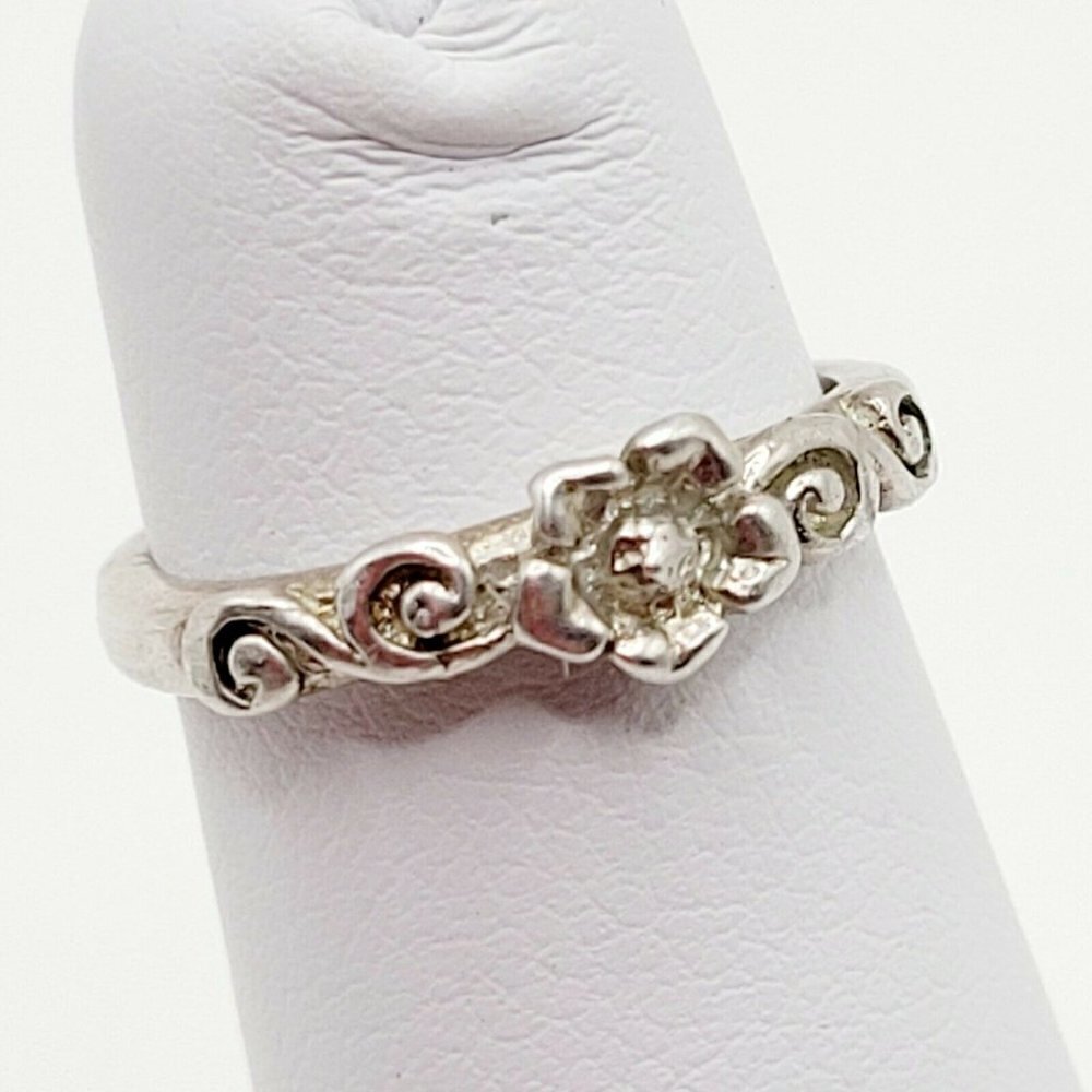 925 Sterling Silver Midi Ring Flower Motif Open Back Adjustable Pinky Ring